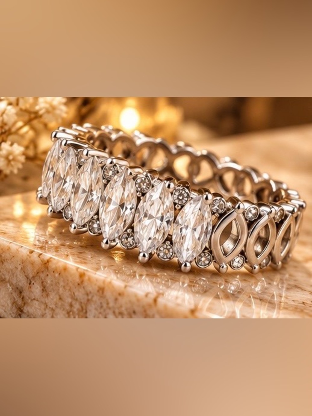 Marquise Crystal Eternity Ring Sparkling Silver Tone Statement Band